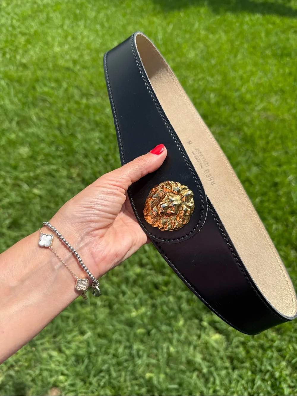 Anne Klein Black Leather Belt with Gold Lion Head Buckle Like New